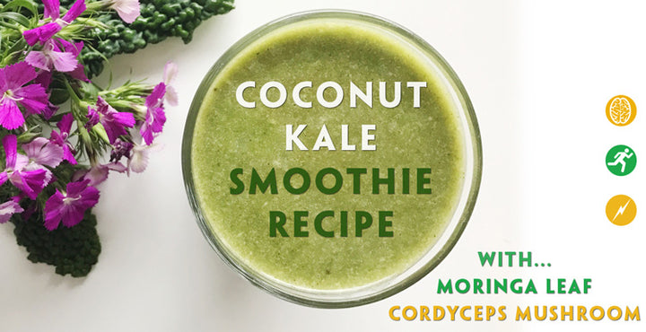 Teelixir Coconut Kale Smoothie Recipe with Cordyceps sinensis mushroom extract and Organic Moringa leaf powder.