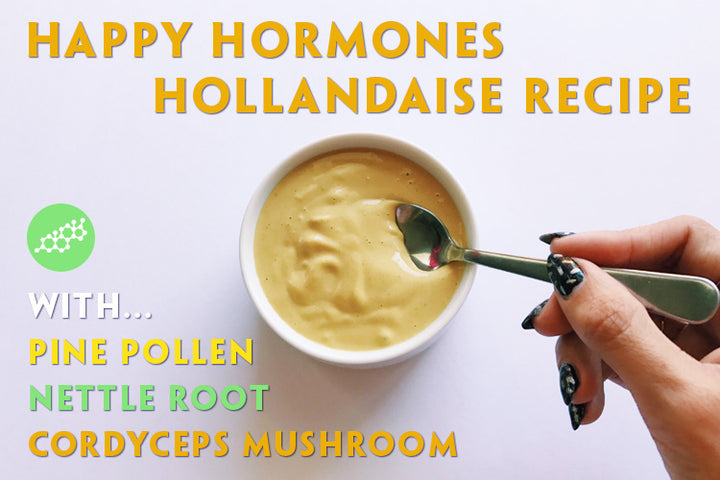 Teelixir Happy Hormones Hollandaise Recipe with Pine Pollen, Nettle Root, Cordyceps Mushroom extract powder.
