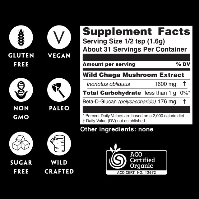 Teelixir Organic Chaga Mushroom Extract Supplement Facts Inonotus obliquus