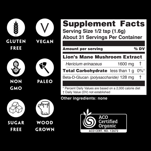 Teelixir Organic Lion's Mane Mushroom Extract Supplement Facts Hericium erinaceus